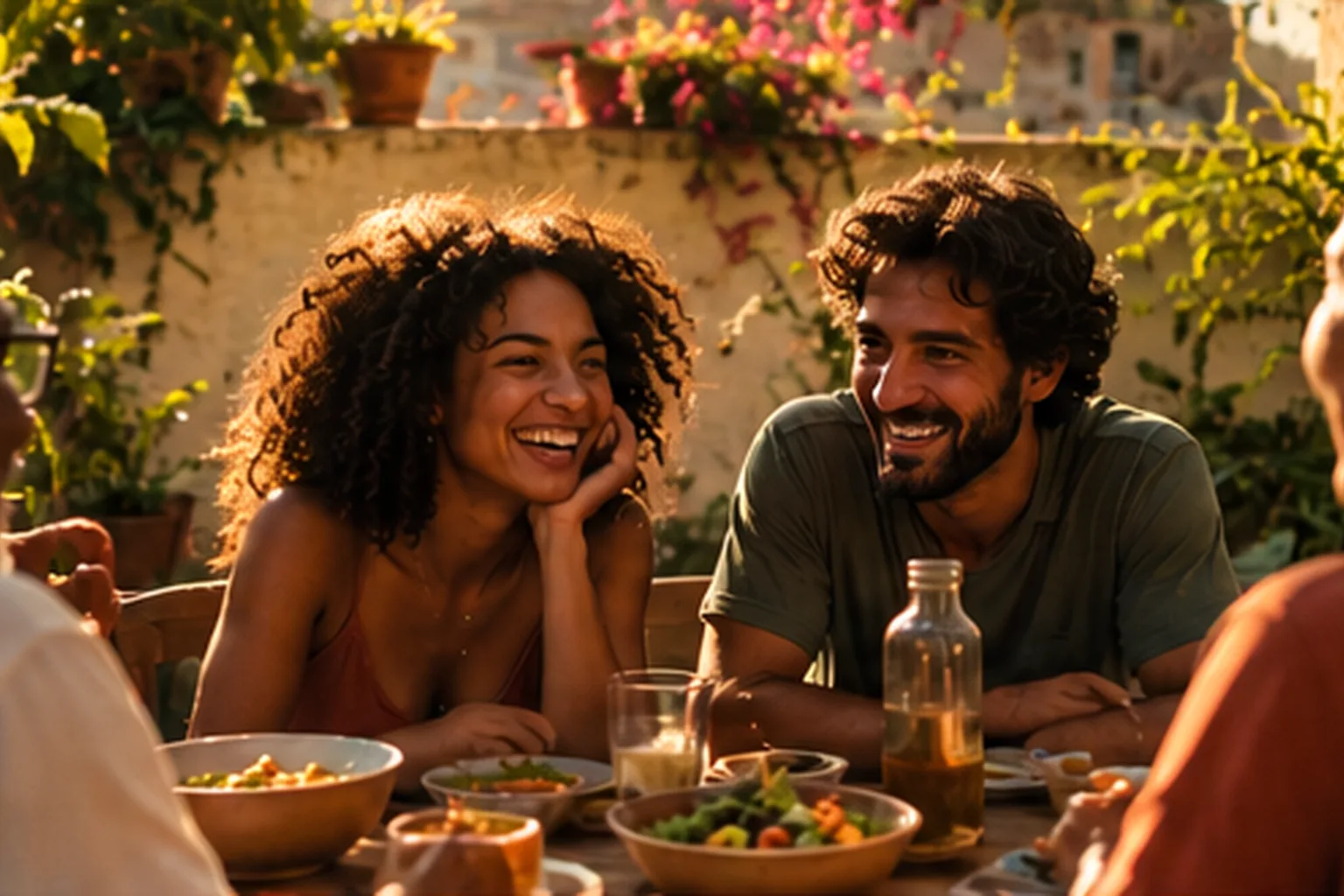 Ilustração: amigos conversam e riem em volta de uma mesa de almoço ao ar livre.
